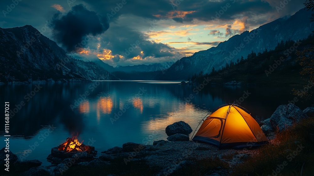 A small campfire is lit next to a tent on a rocky shore by a lake A small campfire is lit next to a tent on a rocky shore by a lake