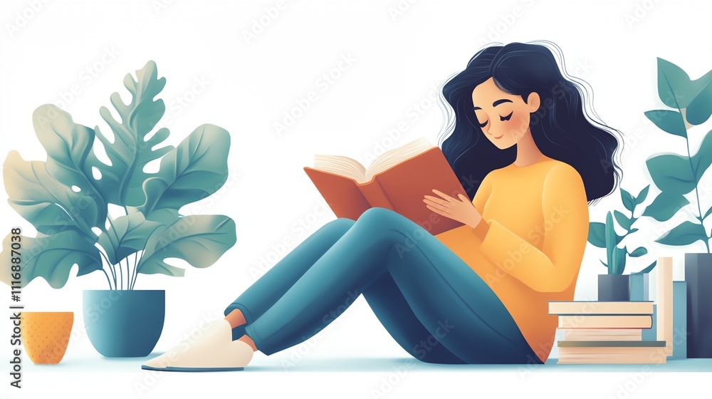 a woman sitting on the floor reading a book next to a potted plant a woman sitting on the floor reading a book next to a potted plant