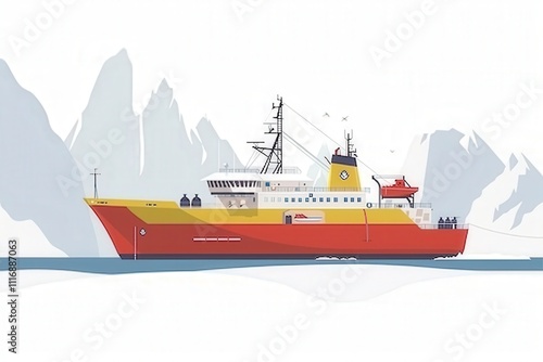 A large red and yellow ship is sailing in the ocean