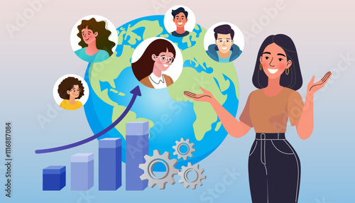 Concept of managing a diverse global team. A female leader presents a growth chart and remote employee profiles on a world globe, representing international business and human resources.