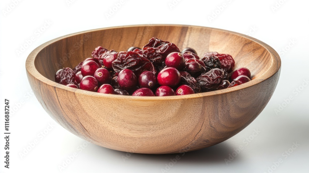 A wooden bowl filled with fresh cranberries and dried fruits. A wooden bowl filled with fresh cranberries and dried fruits.