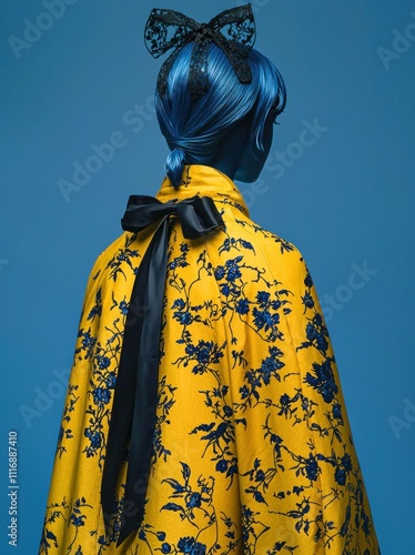 Stylish woman with blue hair wearing a yellow floral cape and black accessories, standing against a vibrant blue background. Fashion and beauty concept. photo