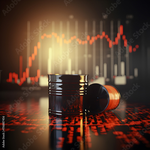 Black barrels spill oil on a glowing red and white financial graph representing market trends in an abstract setting photo