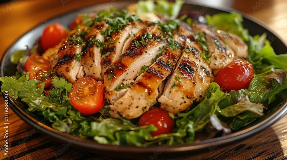 Grilled chicken breast served on a bed of fresh greens and cherry tomatoes. Grilled chicken breast served on a bed of fresh greens and cherry tomatoes.