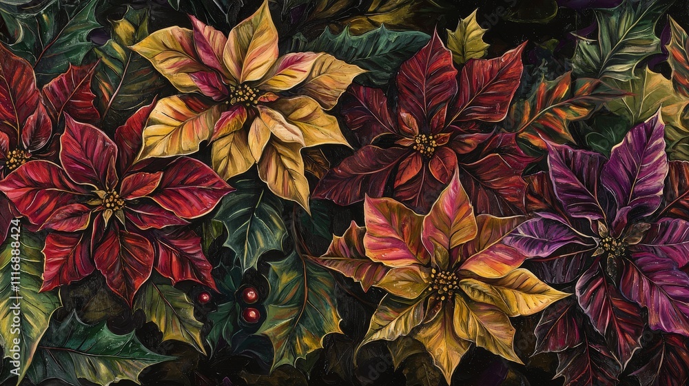 A rich assortment of poinsettias in red, yellow, and purple shades surrounded by lush green leaves. This captivating arrangement brings a festive winter spirit to any setting A rich assortment of poinsettias in red, yellow, and purple shades surrounded by lush green leaves. This captivating arrangement brings a festive winter spirit to any setting