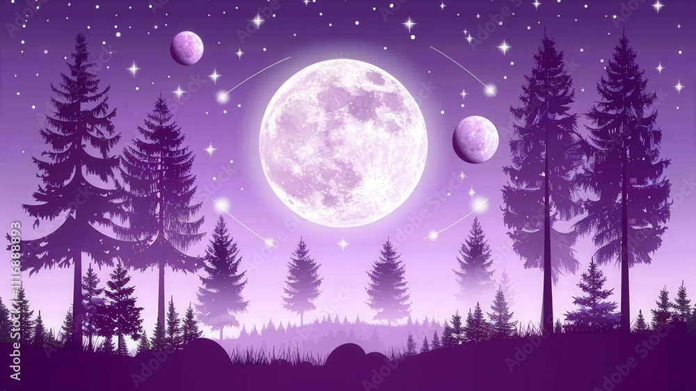 A purple sky with a large moon and two smaller moons A purple sky with a large moon and two smaller moons
