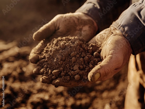 Close-up of a farmer's hand holding soil, symbolizing the importance of fertile land and organic agriculture photo