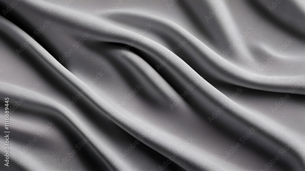 Naklejka premium Close-up of elegant, flowing gray fabric with soft, subtle waves and folds, showcasing texture and drape.