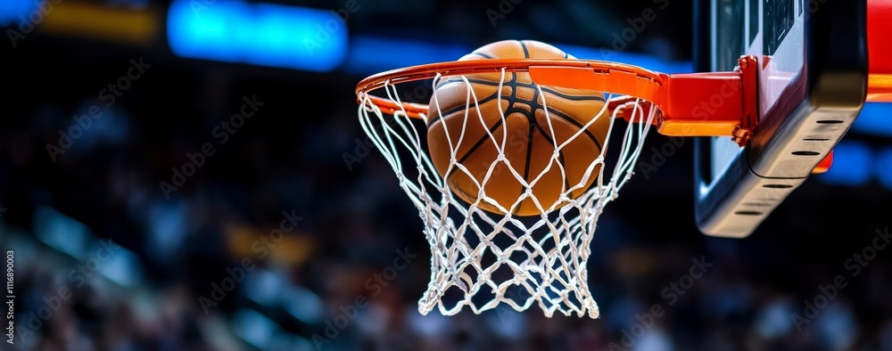 Fototapeta premium basketball action close-up orange ball in red white net hoop indoor crowd