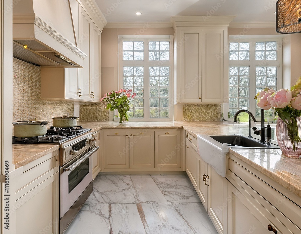 A Cozy Culinary Retreat with Light Beige Cabinets and White Marble Tiles for Warmth. A Cozy Culinary Retreat with Light Beige Cabinets and White Marble Tiles for Warmth.