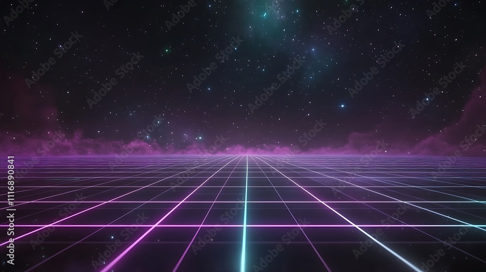 A digital landscape featuring a grid and vibrant cosmic background. A digital landscape featuring a grid and vibrant cosmic background.