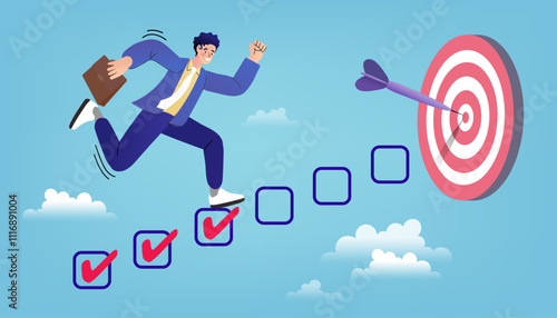A concept of project management and achieving goals. A businessman follows a step-by-step checklist of tasks to hit a target, symbolizing progress and a successful plan.