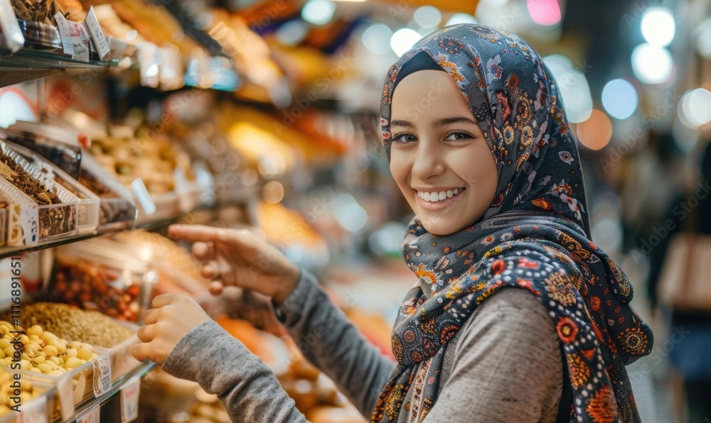 A smiling young woman in a hijab shopping at a vibrant market. A smiling young woman in a hijab shopping at a vibrant market.