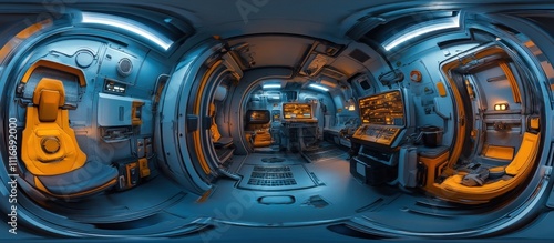 Fototapeta Naklejka Na Ścianę i Meble -  Futuristic interior of a spaceship with control panels and a seat.