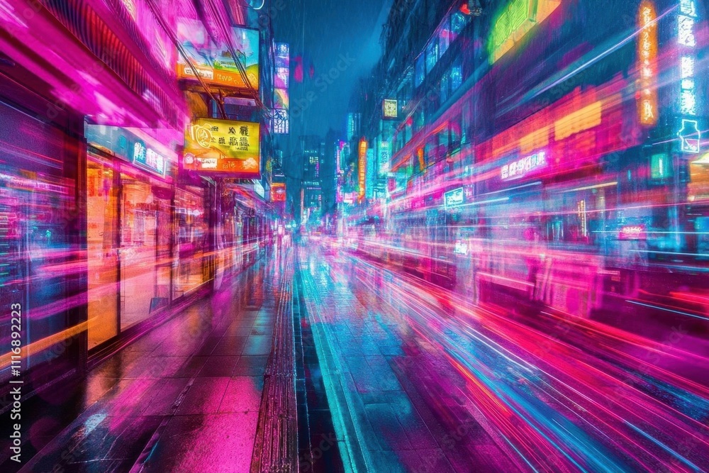 A vibrant cityscape at night with colorful neon lights and reflections. A vibrant cityscape at night with colorful neon lights and reflections.