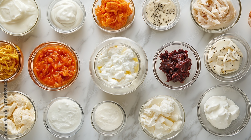 A selection of fermented foods, including kimchi and yogurt, arranged on a countertop to highlight their gut-boosting and immune-enhancing properties A selection of fermented foods, including kimchi and yogurt, arranged on a countertop to highlight their gut-boosting and immune-enhancing properties