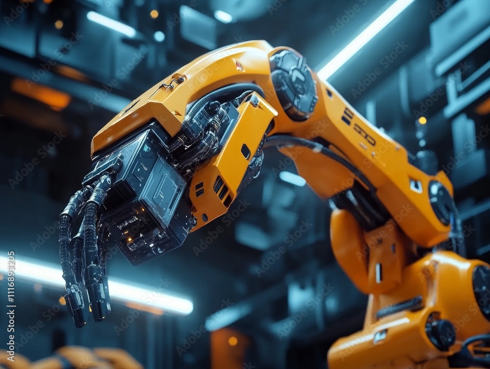 Fototapeta premium Engineer inspecting an industrial robot arm, showcasing advanced technology