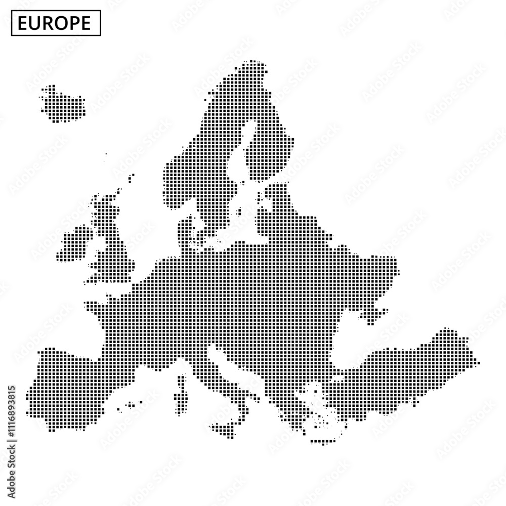 Obraz premium Detailed map outline of Europe illustrated with black dots over a light background