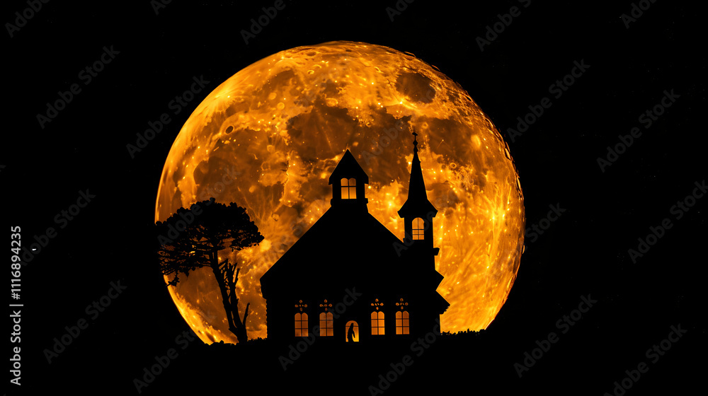 A silhouette of a church against a large, glowing orange moon at night. A silhouette of a church against a large, glowing orange moon at night.