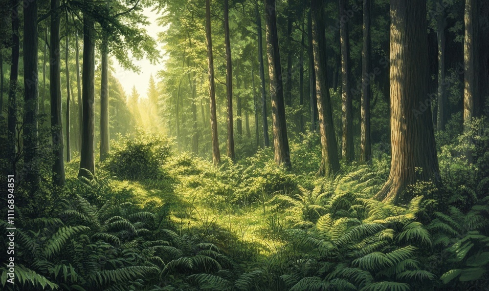 Obraz premium Lush forest scene with sunlight filtering through trees and ferns.