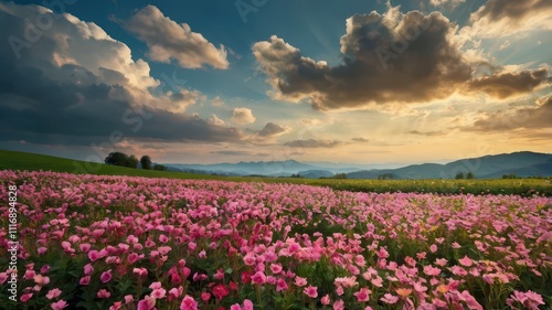Wallpaper Mural field of pink flowers, sunset  nature landscape background.  Torontodigital.ca