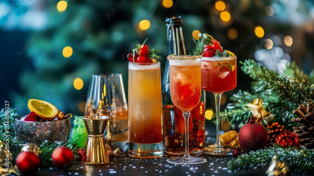 Festive bar with New Year cocktails and champagne, ready for celebration Festive bar with New Year cocktails and champagne, ready for celebration