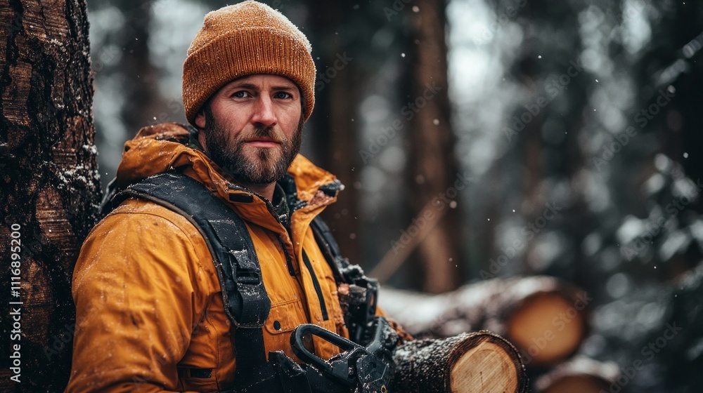 A seasoned lumberjack stands amidst tall trees, wearing a warm orange jacket and brown beanie. Snowflakes softly fall around him as he holds logs, embodying the spirit of winter and hard work A seasoned lumberjack stands amidst tall trees, wearing a warm orange jacket and brown beanie. Snowflakes softly fall around him as he holds logs, embodying the spirit of winter and hard work