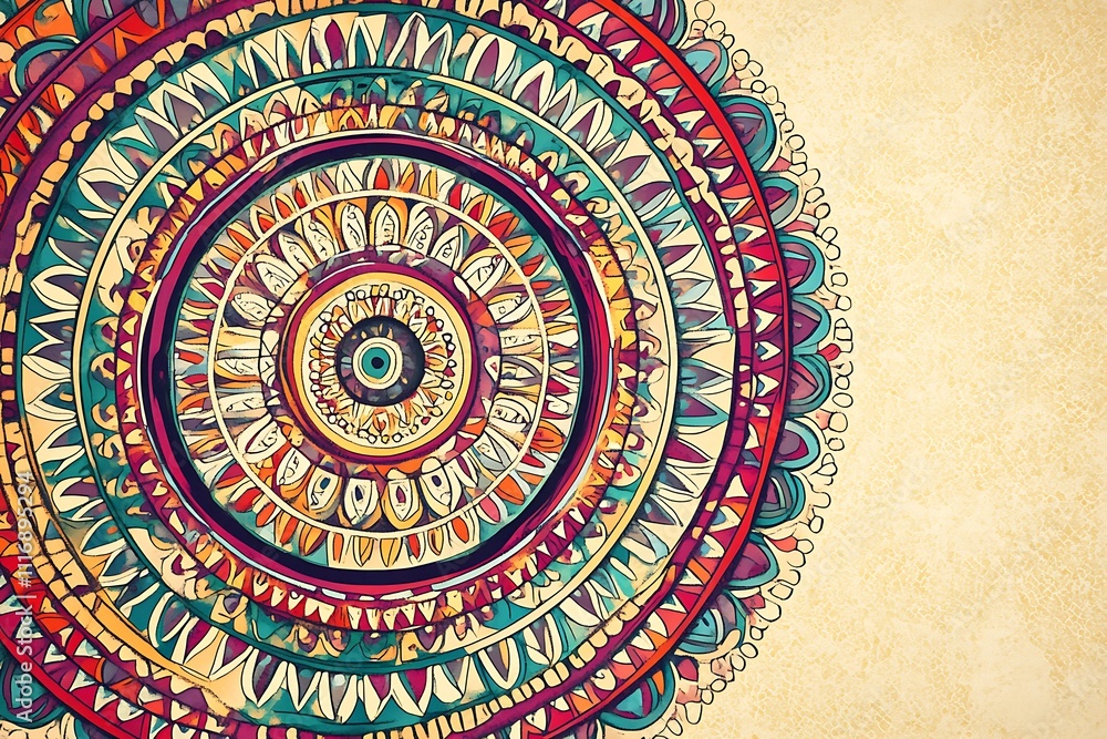 A colorful mandala design featuring intricate patterns and shapes on a textured background. A colorful mandala design featuring intricate patterns and shapes on a textured background.