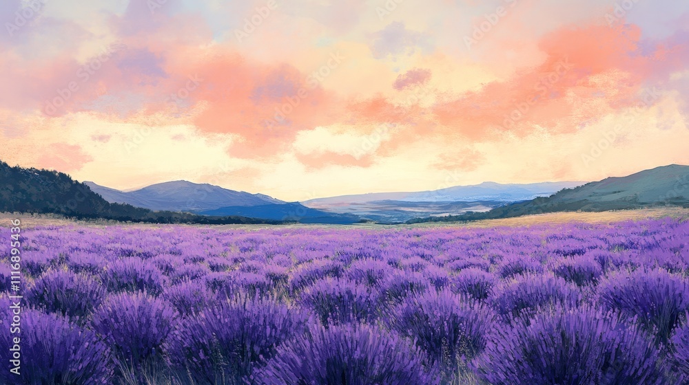 Field of lavender in full bloom, with vibrant purple colors stretching to the horizon Field of lavender in full bloom, with vibrant purple colors stretching to the horizon