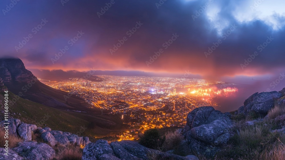 Fireworks seen from a mountain viewpoint, looking down on a brightly lit city Fireworks seen from a mountain viewpoint, looking down on a brightly lit city
