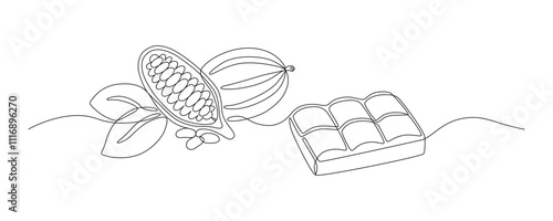 Cocoa beans with leaves and chocolate drawn in continuous line in minimalism style, in one line, editable vector contour