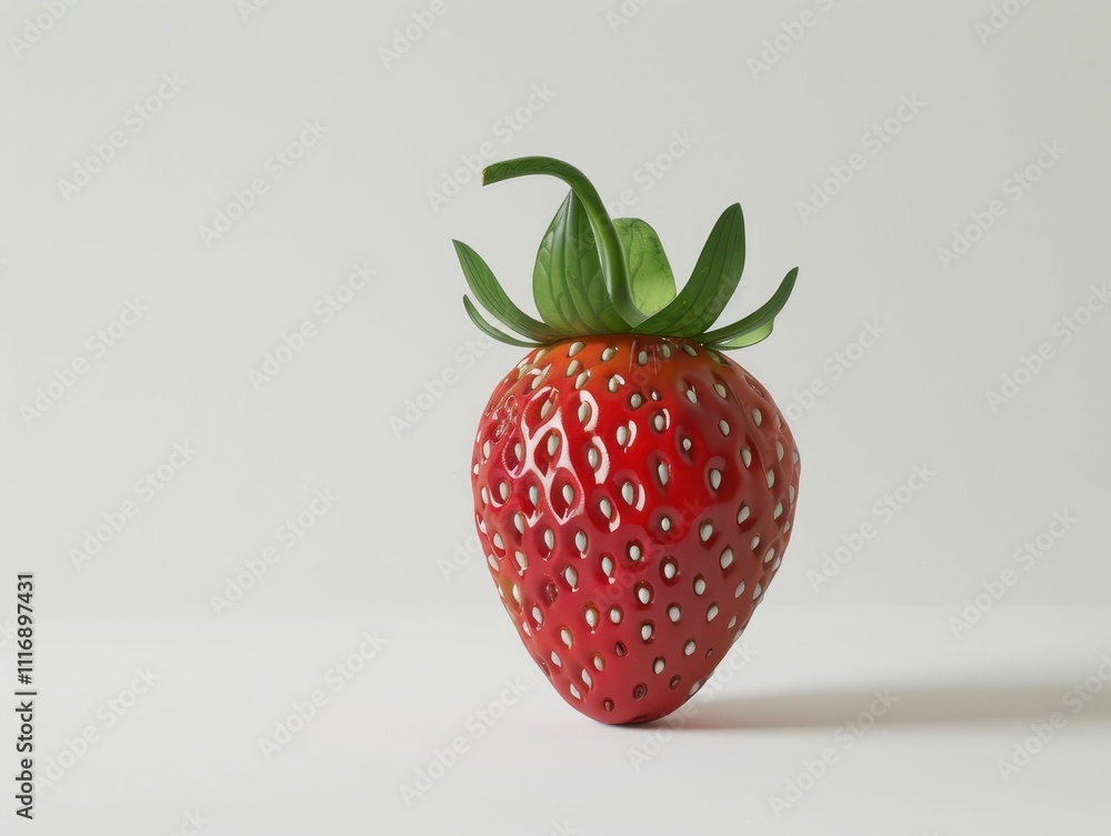 A vibrant, fresh strawberry with green leaves sits against a plain background, showcasing its bright red color and unique texture. A vibrant, fresh strawberry with green leaves sits against a plain background, showcasing its bright red color and unique texture.