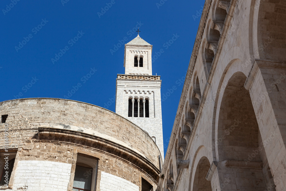 Bari Cathedral (Cathedral of Saint Sabinus) close view bottom up. Apulia, Italy. Bari Cathedral (Cathedral of Saint Sabinus) close view bottom up. Apulia, Italy.