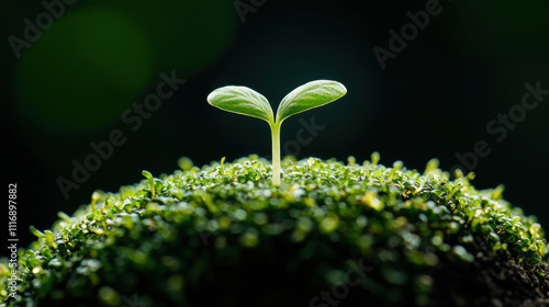 A tender seedling emerges amidst a sea of green, symbolizing hope and new beginnings, bathed in gentle, life-giving light. photo