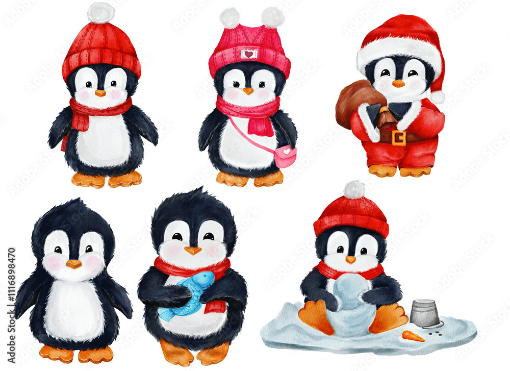 Fototapeta premium Collection of winter watercolor penguins. Cute hand-drawn penguin, penguin in a Santa suit; decor for greeting cards, gifts, and menus; print template.