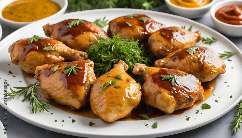 Delicious glazed chicken pieces with herbs on a white plate, served with various sauces
Delicious glazed chicken pieces with herbs on a white plate, served with various sauces