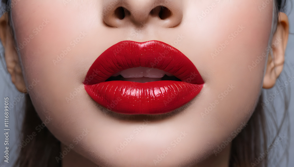 Fototapeta premium Close-up of a woman's lips with glossy red lipstick on a neutral background 