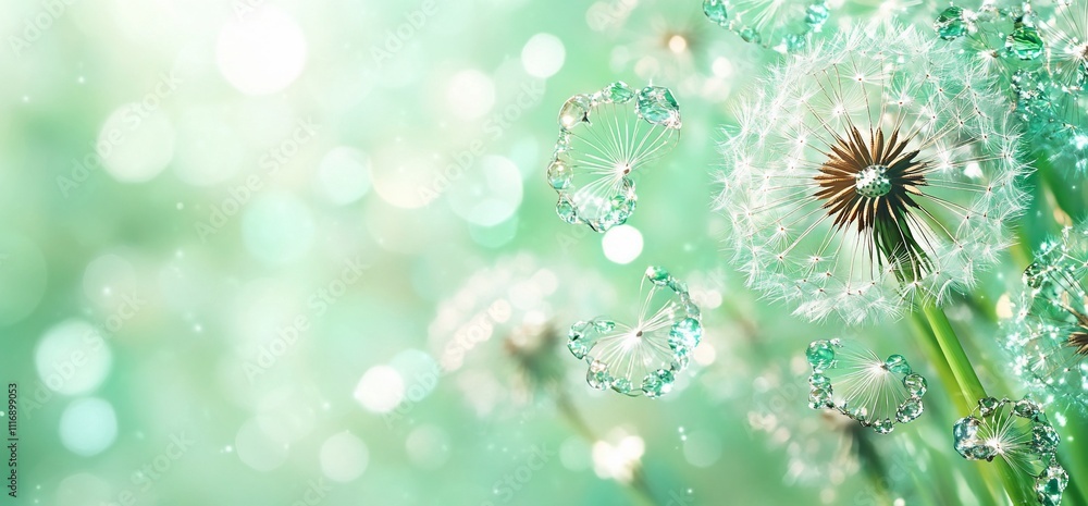 Dreamy dandelion seeds floating on soft green background. Dreamy dandelion seeds floating on soft green background.