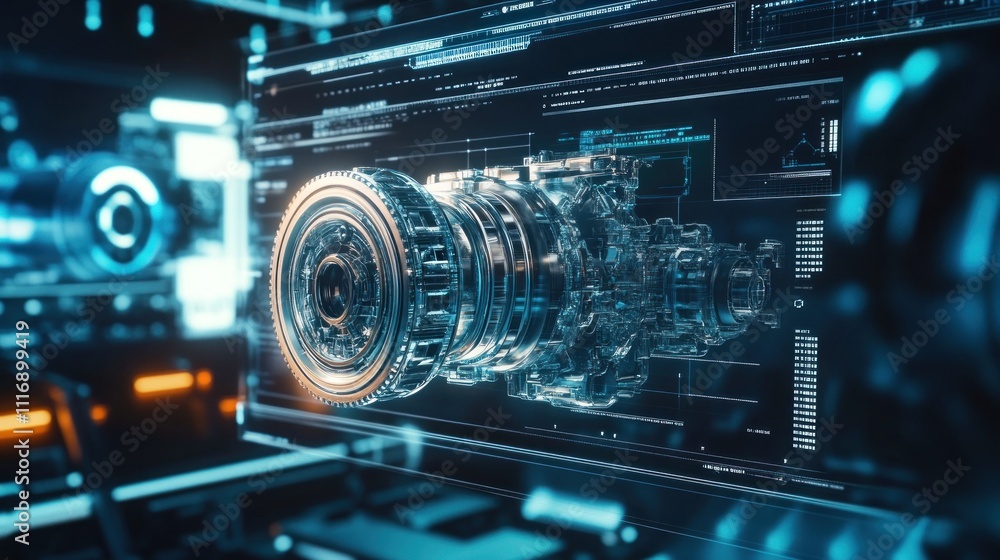 Fototapeta premium Digital 3D Model of a Complex Gear System on a Screen