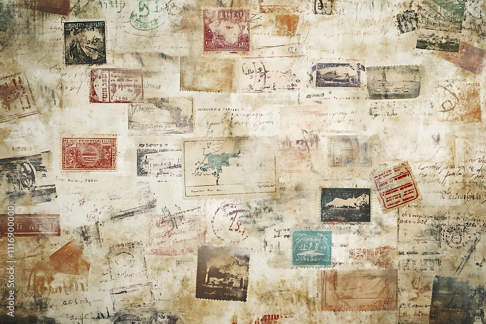 Fototapeta premium A collage of vintage postcards and stamps, evoking nostalgia and travel memories.