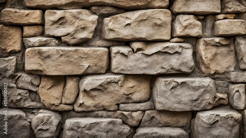 Close-up of a rustic stone wall with varying shades of brown and beige stones.