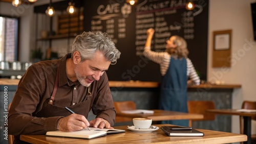 A man with saltandpepper hair is writing notes in a leatherbound notebook while a woman across from him gestures excitedly. The cafÃ©s chalkboard menu is visible in the background photo