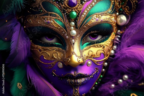 Elaborate Ornate Masquerade Mask with Feathers and Pearls for Mardi Gras Celebration photo