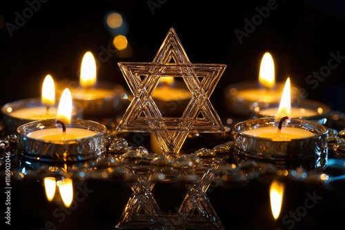  Hanukkah light tradition: Star of David, candles burn bright, celebrating faith, heritage, and the lasting spirit of unity, spreading joy and peace during the cherished days of the holiday. photo