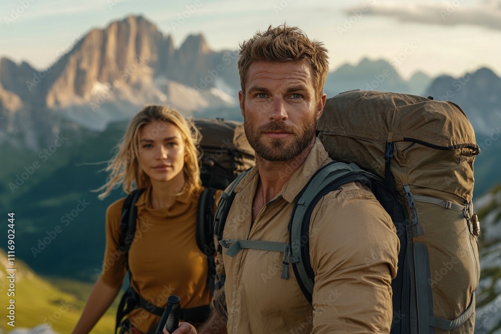 Couple conquering the rugged trails of the Dolomites in vibrant gear as they navigate rocky paths and breathtaking views Couple conquering the rugged trails of the Dolomites in vibrant gear as they navigate rocky paths and breathtaking views