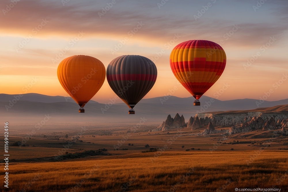 Fototapeta premium Colorful hot air balloons soaring above Cappadocia\'s enchanting fairy chimneys at dawn, illuminating the sky with vibrant patterns in an otherworldly landscape