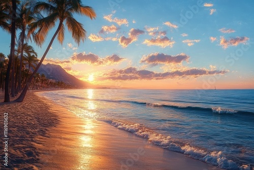 Beautiful Sunset at Albir Beach with Palm Trees and Mediterranean Sea in Alicante Spain photo