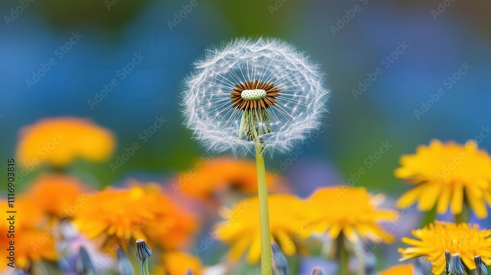 A delicate dandelion in full bloom, ready to scatter wishes on a warm breeze close up, renewal and new beginnings concept, vibrant, composite, garden backdrop A delicate dandelion in full bloom, ready to scatter wishes on a warm breeze close up, renewal and new beginnings concept, vibrant, composite, garden backdrop