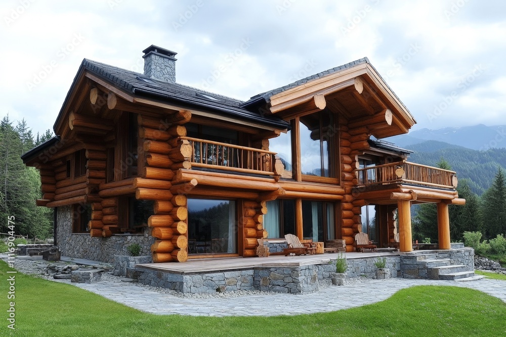 Mountain chalet with wooden logs and a stone foundation Mountain chalet with wooden logs and a stone foundation