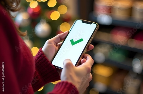 Mobile phone in hand with confirmation of payment for purchases and gifts for Christmas. Customer at  supermarket pays for groceries using a phone and an app. Modern payment methods by qr code